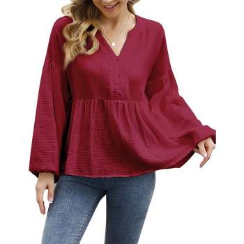 PePlum Tops for Women Ruffled Henley Neck Shirt Long Sleeve Flowy Blouse T-Shirt