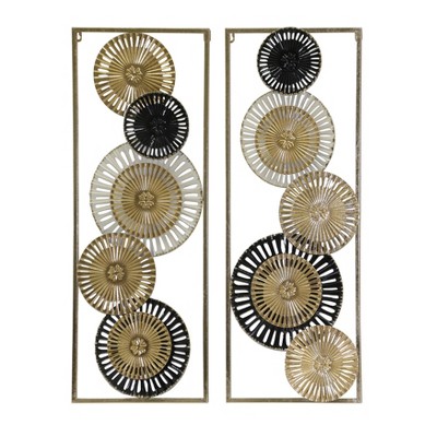 Set of 2 Gold and Black Iron Pierced Disc Wall Panels
