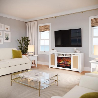 Inlet Cove White Rattan TV Stand with Electric Fireplace