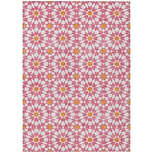 Pink Ivory And Orange Floral Medallion Washable Indoor Outdoor Area Rug - 1 of 4