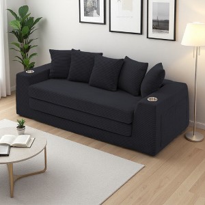 82.25" Corduroy 3-Seater Convertible Sofa Bed with 5 Pillows, Side Pockets & Cup Holders - 1 of 4