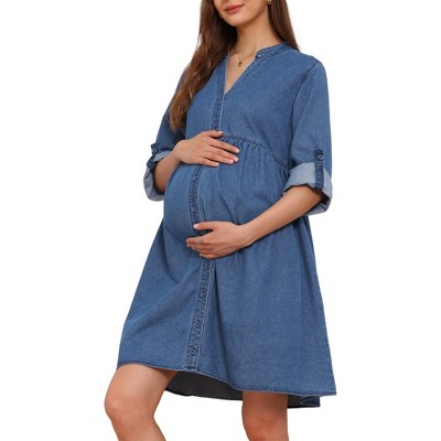 INSPIRE CHIC Women's Maternity Denim Dress Babydoll Long Sleeve Cotton Button Down Shirt Dresses Fall