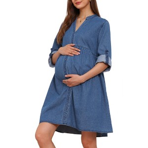 INSPIRE CHIC Women's Maternity Denim Dress Babydoll Long Sleeve Cotton Button Down Shirt Dresses Fall - 1 of 4