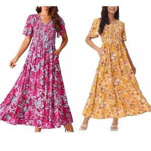 Seta T Women's Floral Short Flutter Sleeve V Neck Smocked High Waist Flowy Maxi Dress 2 Packs - 1 of 4
