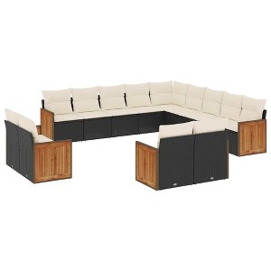 vidaXL 14 Piece Patio Sofa Set with Cushions Black Poly Rattan - Black and Cream Without Table - 1 of 4