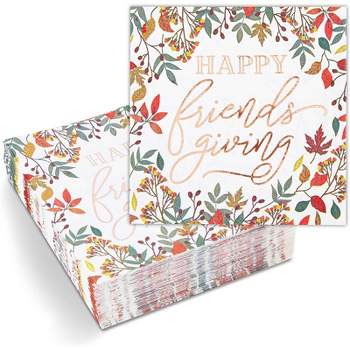 Sparkle and Bash 50 Pack Floral Happy Friendsgiving Disposable Paper Cocktail Napkins, Thanksgiving Party Supplies