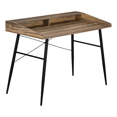 Industrial Brown Reclaimed Wood Desk with Hutch and Black Metal Base, 47"