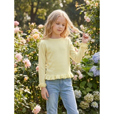 INSPIRE CHIC Girls Crew Neck Long Sleeve Top Ruffle Cuff Lettuce Hem Fall Winter Kids 5-10 Y Basic Knit Shirt Small Light Yellow — фото 2