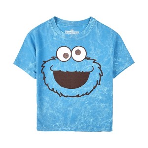 Sesame Street Cookie Monster Face Women’s Blue Mineral Wash Crew Neck Short Sleeve Cropped Baby Tee - 1 of 2