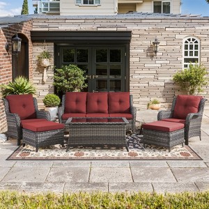 Gymojoy 6 Piece Outdoor Wicker Sofa with Patio Chairs with Coffee Table and Ottoman Sets - 1 of 4
