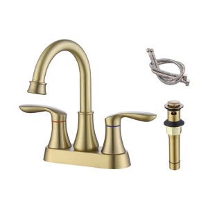 Cobbe Bathroom Faucet Brushed Gold with Pop-up Drain & Supply Hoses 2-Handle 360 Degree High Arc Swivel Spout Centerset 4 Inch Vanity Sink Faucet - 1 of 4