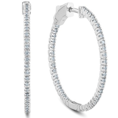 Pompeii3 .63Ct Diamond Inside Outside Hoops Womens Earrings 14k White Gold 1.25"Tall