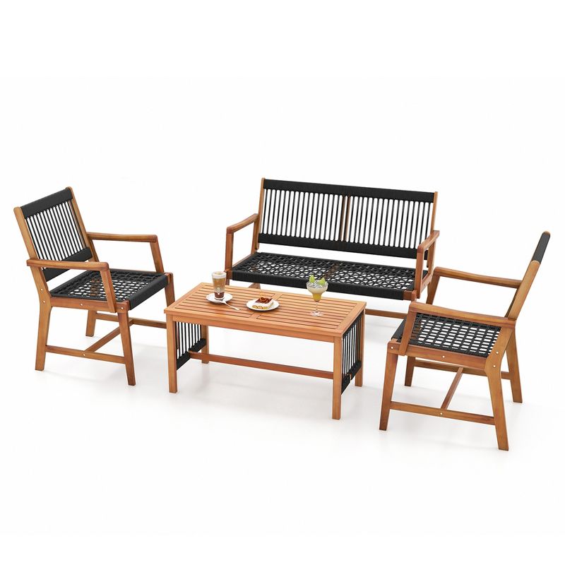 Costway Patio 4pcs Acacia Wood Conversation Table & Chair Set Hand-Woven Rope Outdoor, 2 of 10