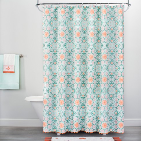 Medallion Print With Pom Fringe Shower Curtain Green Orange Opalhouse Target