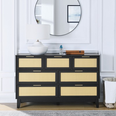 ALEXOUN 7 Drawers Dresser,Rattan Dresser with Wide Drawers for Closet Storage, Wood Drawer Organizer for Bedroom,Living Room,Hallway