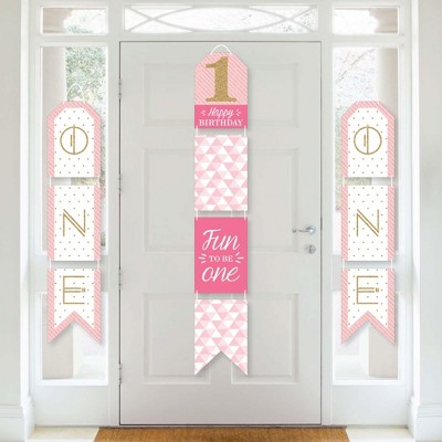 Big Dot of Happiness 1st Birthday Girl - Fun to be One - Hanging Vertical Paper Door Banners - First Birthday Party Wall Decor Kit - Indoor Door Decor