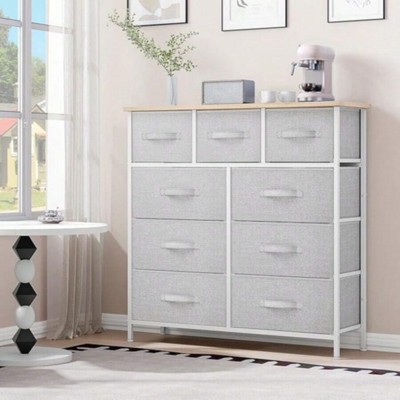 SKRAN Grid Cabinet Fabric Storage Tower with 9 Drawers For Bedroom,Tall Chest Organizer Unit With Fabric Bins, Steel Frame, Wood Top