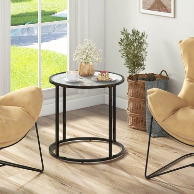 20" Round Black Metal Frame Side Table with Faux Marble Glass Top