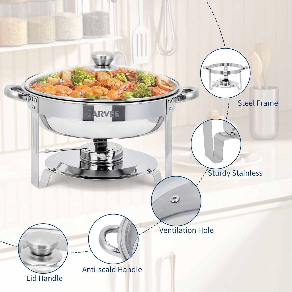 5 QT Round Chafing Dishes for Buffet, Stainless Steel Food Warmer Set with Glass Lid, Food & Water Pans, Fuel Holder for Weddings Parties Catering - thumbnail 5