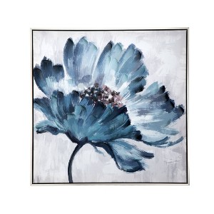 30"x30" Embellished and Hand Painted Floral Canvas Wall Art Canvas Blue/White/Gray - A&B Home - 1 of 4