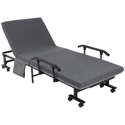 Folding Rollaway Guest Bed with 3.25" Mattress & Adjustable Backrest. Portable Metal Frame on Wheels for Easy Storage - Dark Grey