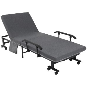 Folding Rollaway Guest Bed with 3.25" Mattress & Adjustable Backrest. Portable Metal Frame on Wheels for Easy Storage - Dark Grey - 1 of 4