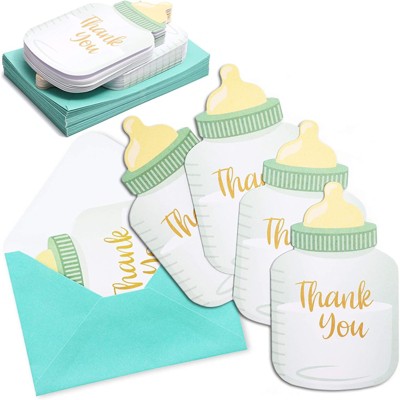 Pipilo Press 36 Pack Baby Bottle Shaped Thank You Cards with Envelopes for Baby Shower & Birthday Party Supplies, Blue