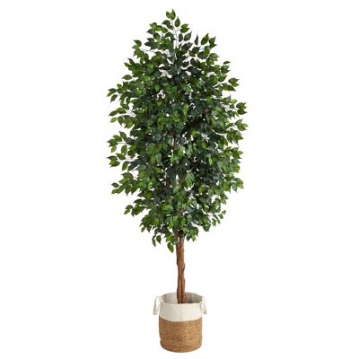 Nearly Natural 8-ft Ficus Artificial Tree with Handmade Natural Jute and Cotton Planter