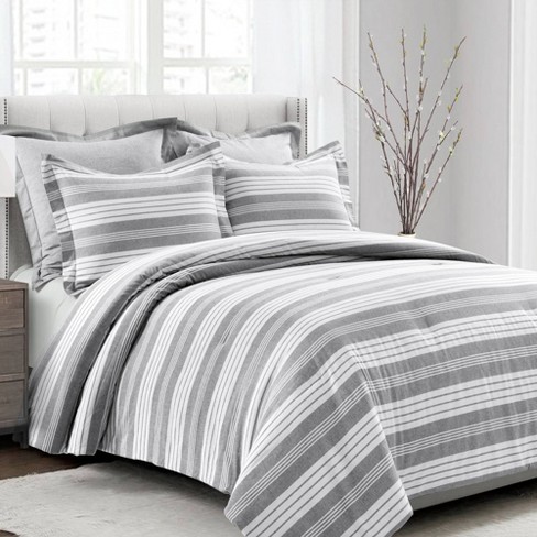 Full/Queen 5pc Farmhouse Yarn Dyed Striped Comforter Set Gray/White - Lush  Décor