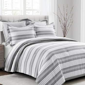 Full/Queen 5pc Farmhouse Yarn Dyed Striped Comforter Set Gray/White - Lush Décor