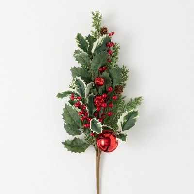 31"H Sullivans Artificial Christmas Jingle Bell Holly Pine Spray, Green-Red, Indoor Christmas Decor