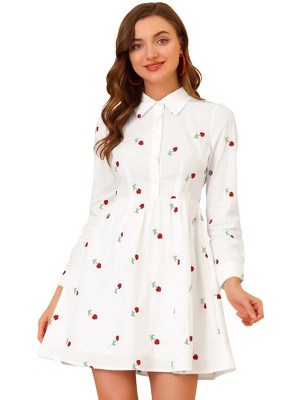 INSPIRE CHIC Women's Casual Long Sleeve Half Placket Embroidered Floral Mini Shirt Dress