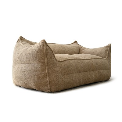Khaki Teddy Fabric Upholstered Bean Bag Loveseat Sofa