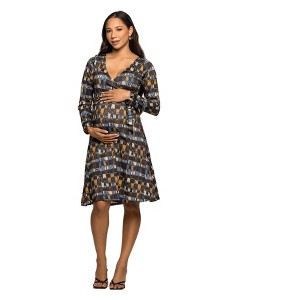 24seven Comfort Apparel Maternity Long Sleeve Wrap Dress with Belt in Brown Blue Geometric Print - 1 of 3