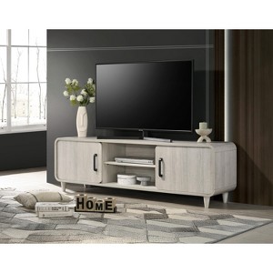 ORRD Mid-Century Modern TV Stand - Light Wood Finish Media Console with Sliding Doors & Black Handles, Tapered Legs - 1 of 4