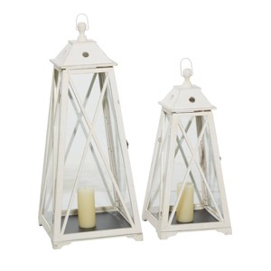 Olivia & May Set of 2 Triangular Wood and Glass Lanterns White: Iron Frame, Fits Any Candle Size - 1 of 4