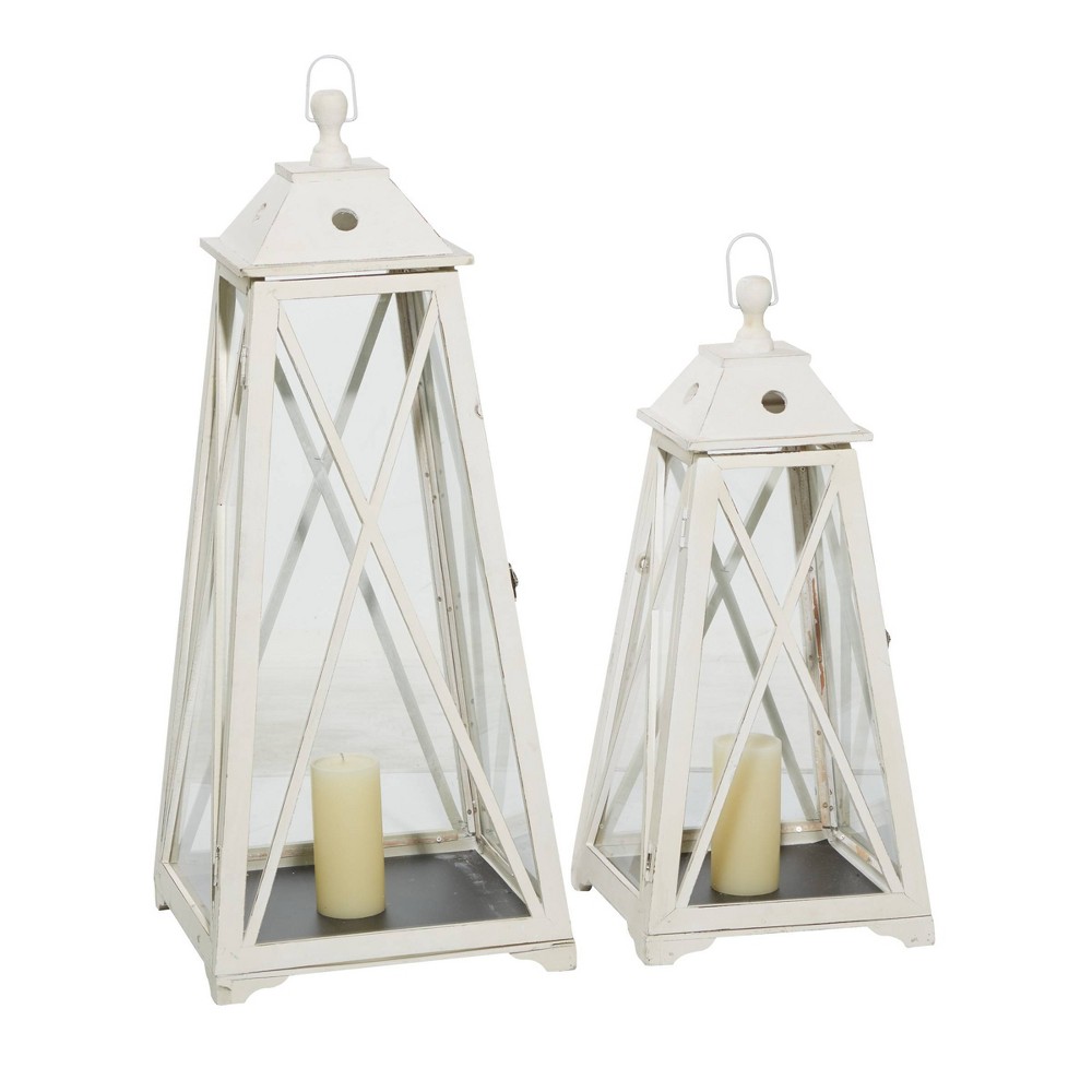 Photos - Figurine / Candlestick Set of 2 Triangular Wood and Glass Lanterns White - Olivia & May