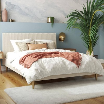 Ivory Velvet Full Upholstered Bed with Tufted Headboard and Slats