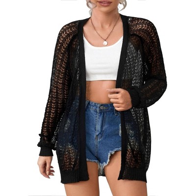 Coolmee Women's Plus Size Crochet Lightweight Cardigan Cover Up Open Front Long Sleeve Summer Cardigans