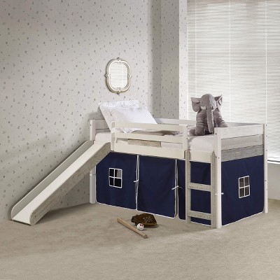 Donco Kids Panel Twin Rustic White & Grey Low Loft With Slide & Blue Tent