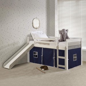 Donco Kids Panel Twin Rustic White & Grey Low Loft With Slide & Blue Tent - 1 of 1