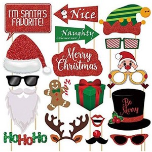Aoibox 25 Pack Large Glitter Christmas Photo Booth Props Kit Real Red Glitter Cardstock Fun Santa Elfie Signs DIY Holiday Backdrop - 1 of 4