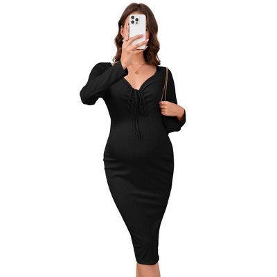 WhizMax Maternity Women's Ribbed Knit Adjustable Drawstring Halter Tie V Neck Long Sleeve Side Slit Midi Dress For Baby Shower