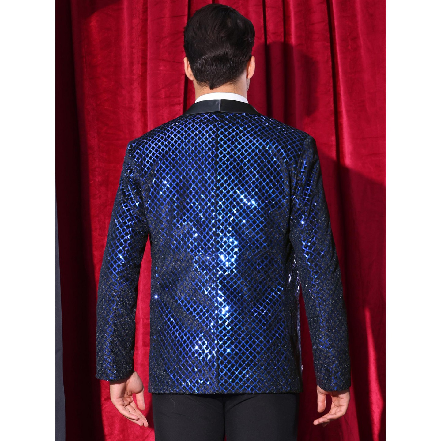 Мужской пиджак Lars Amadeus Shawl Lapel Disco Prom Party Argyle Sequin Blazer Blue, цвет: Синий — фото 3