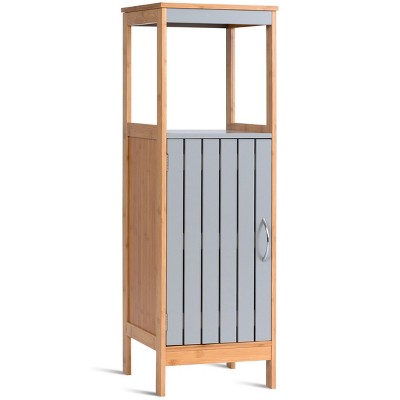 COSTWAY Bathroom Floor Cabinet Freestanding Single Door Bamboo 3-Tier Storage Unit