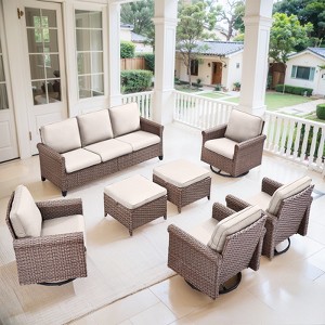 Buenhomino Patio Furniture Set, 4 x High Back Swivel Chairs with Cushions, 7 Pieces Outdoor Wicker Conversation Set for Lawn Deck Backyard - 1 of 4