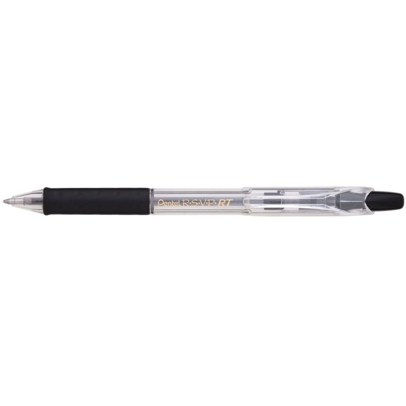 Pentel R.S.V.P. RT Refillable Retractable Ballpoint Pen, 1.0 mm Medium Tip, Black Ink, Clear Barrel, Pack of 12, 1 of 2