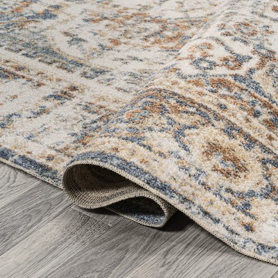 Blue and Cream Medallion Washable Synthetic Area Rug