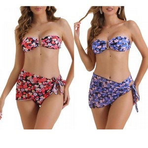 INSPIRE CHIC Women's Floral Print Bandeau Tie Back Swimwear Triangle Bottoms Bathing Bikini Suits 3 Pieces 2 Sets - 1 of 4