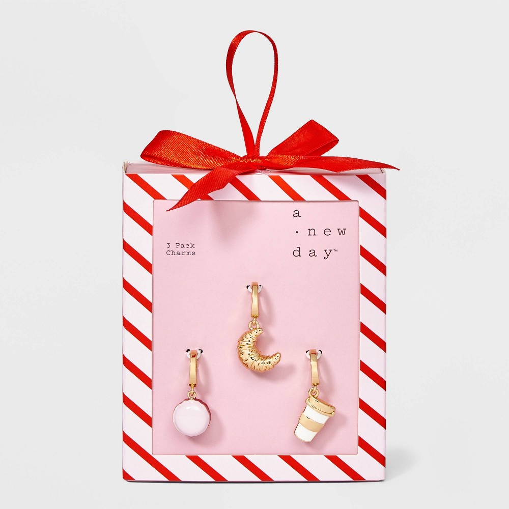 Macaron Croissant and Coffee Cup Charm Necklace Set 3pc - A New Day™ Gold